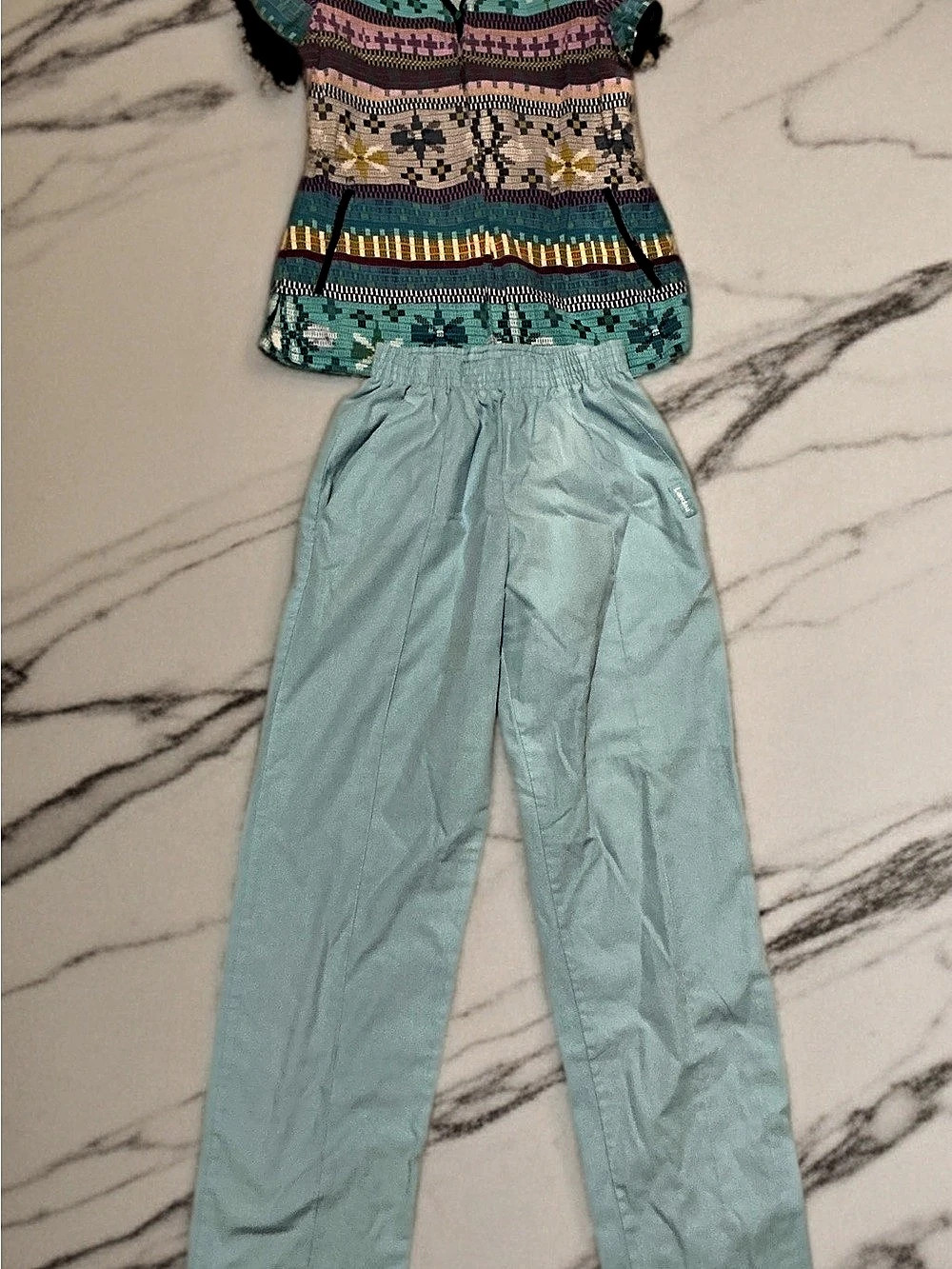 3 piece scrubs set, 2 shirts (S) by Koi, pants by Landeau (XS)